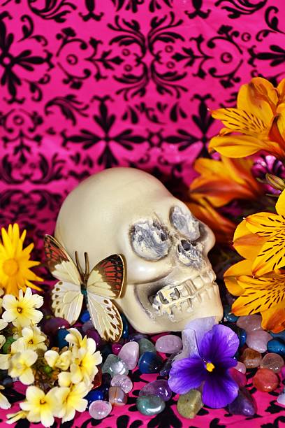 A background of a Memento Mori style or a modern witchcraft objects for rituals. This is for a modern take on the Memento Mori art style. Or just for use as a modern spiritual and personal growth for diverse traditions.