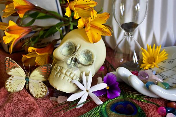 A background of a Memento Mori style or a modern witchcraft objects for rituals. This is for a modern take on the Memento Mori art style. Or just for use as a modern spiritual and personal growth for diverse traditions.