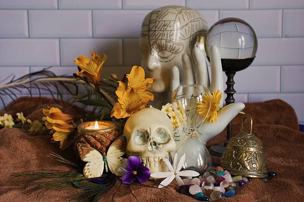 A brown skull is sitting on a white surface. The skull is made of clay and has a realistic appearance. Concept of mystery and intrigue, as the skull is an unusual