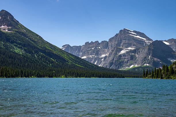 A crystal-clear lake sits beneath towering mountains and lush evergreen forest in Glacier National Park, Montana. The vibrant greenery, sharp peaks, and brilliant blue sky reflect the unspoiled wilderness of the American West.