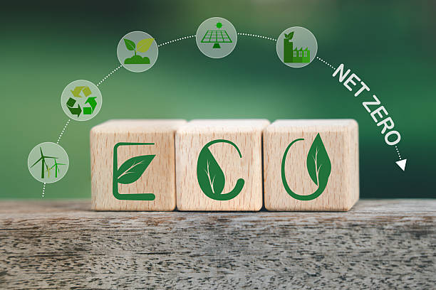 istock ECO text on wooden cube block with icon inside circle on blur nature green background 2248148548