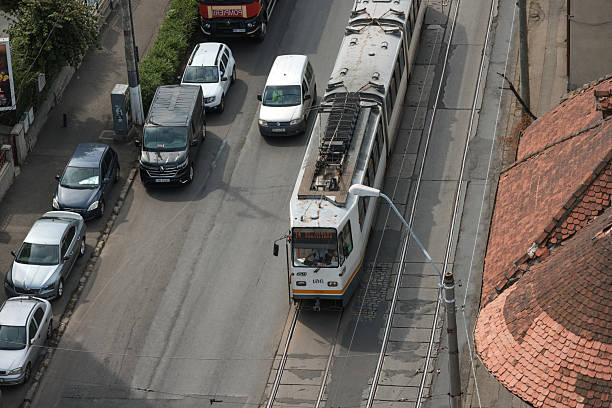Bucharest, Romania - September 13, 2024: Aerial view over heavy traffic in Bucharest.