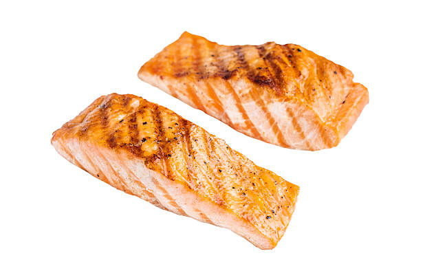 istock BBQ roast salmon fillet steak, roast fish isolated on white background. top view 2248156149