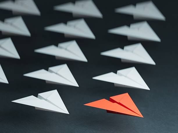 istock Different business concept.new ideas. paper art style. creative idea.Red and white paper plane. Leaderplane concept.3D rendering on black background. 2248156246