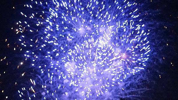 A vibrant burst of blue fireworks illuminates the dark night sky with countless sparkling trails and bright points of light.