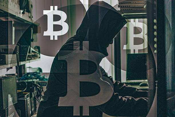 Hacker man trading bitcoin cryptocurrency. Bitcoin transaction, fintech innovation, financial security, data transparency.