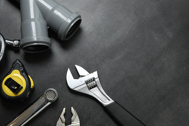 istock Repair tools, plumber, locksmith, electrician on concrete floor 2248162677