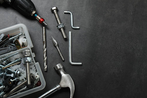 istock Repair tools, plumber, locksmith, electrician on concrete floor 2248162694