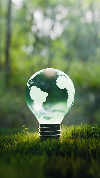 istock Sustainable earth globe light bulb on grass nature copy space. 3d rendering 2248163548