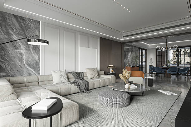 istock Luxury Open Concept Living Room Interior with Neutral Sectional Sofa and Marble Wall Feature 2248164768