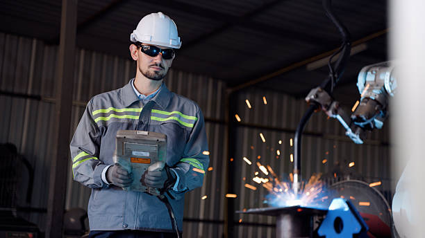 Industrial workers working with robotic arm welding machine in factory, Robotic arm welding industry and engineering concept.