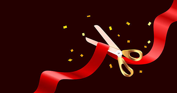 istock Grand opening with golden scissors cutting a red ribbon. 2248166666