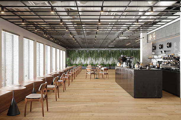 istock Spacious Modern Coffee Shop Interior with Minimalist Seating and Green Wall Decor 2248167142