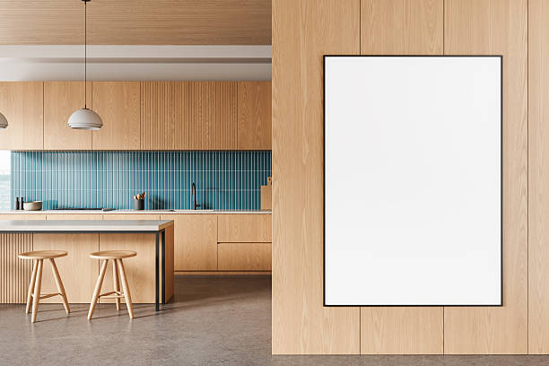 istock Modern kitchen interior with blank poster frame on wooden wall in clean minimalist design layout for advertising or artwork display template backdrop. 3D Rendering 2248167218