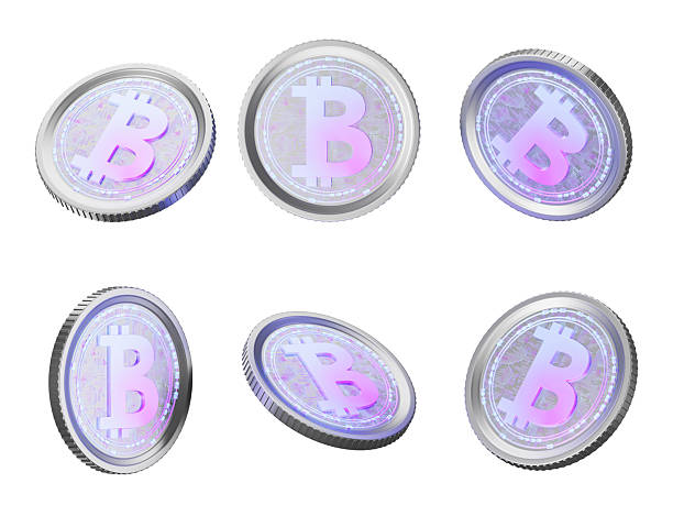 Multiple glowing Bitcoin coins with a metallic texture and neon purple-pink highlights, presented in different rotations on a white background. 3D Rendering
