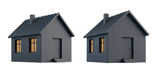 istock Two minimalist dark gray house models with lit windows isolated on white background, modern architectural concept in clean creative illustration style. 3D Rendering 2248167676