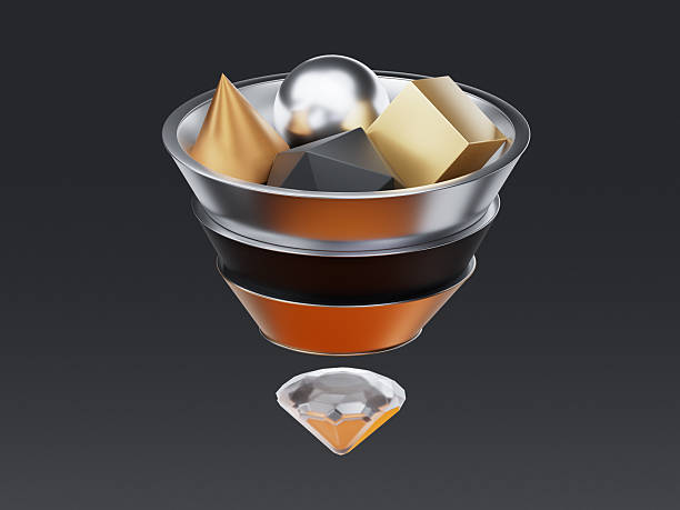 3D icon of a sales funnel with geometric objects transforming into a polished gem, symbolizing conversion, lead filtering and business optimization.