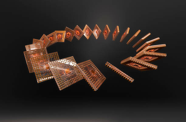 A striking 3D composition of copper circuit boards forming a spiraling arc, evoking futuristic computing and high-tech hardware. Perfect for tech, innovation, and processor-themed projects.