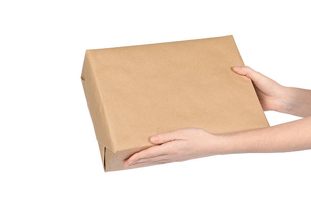 istock Woman with parcel box on white background, closeup 2248173442