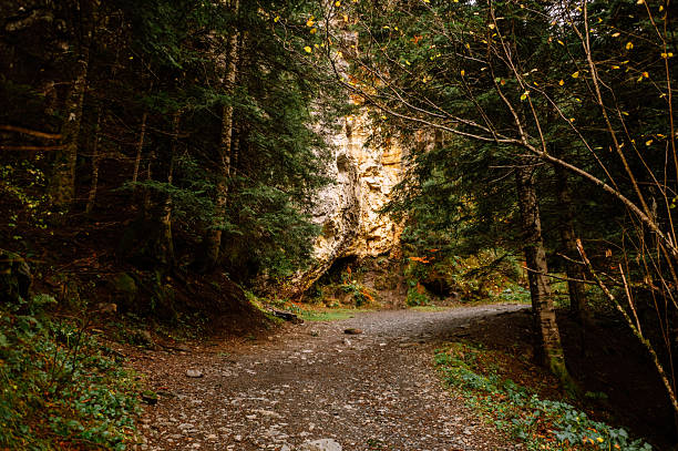 Hiking trail in a mountain area. Lac d'Ôo hiking path in Pyrenees, France.