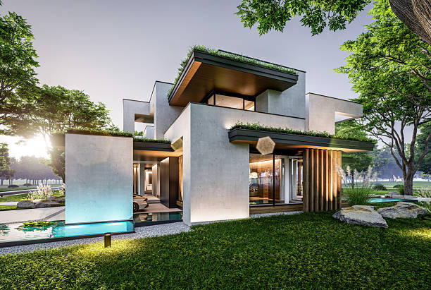 istock 3d rendering of two-story house with concrete facade in evening 2248179206