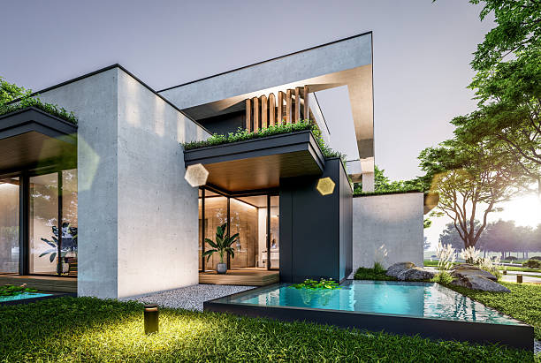 istock 3d rendering of two-story house with concrete facade in evening 2248179207