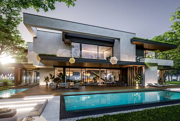 istock 3d rendering of two-story house with concrete facade in evening 2248179210