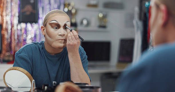 istock Drag artist, mirror and makeup with beauty, brush and backstage with preparation for performance. Person, tools and apply eyeshadow with cosmetics, creative show and self expression in dressing room 2248181773