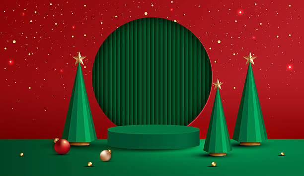 istock Podium stage for show product display for festive decoration christmas day or new years. stand product showcase on red background with lighting christmas or presentation. vector design. 2248192845