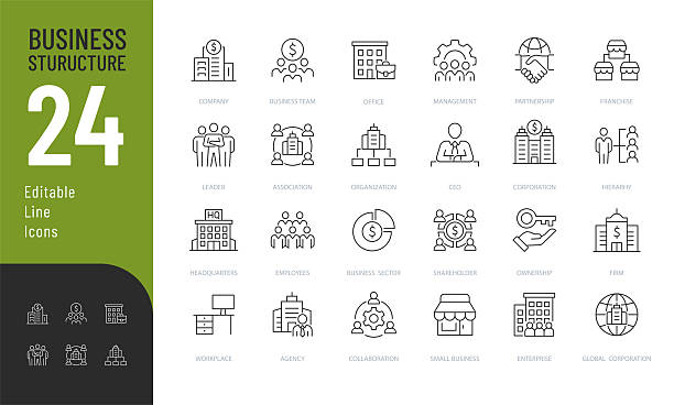 Business Structure Line Editable Icons set. Vector illustration in modern thin style business structure elements: company, office, team, and more. Isolated on transparent background. ceo stock illustrations