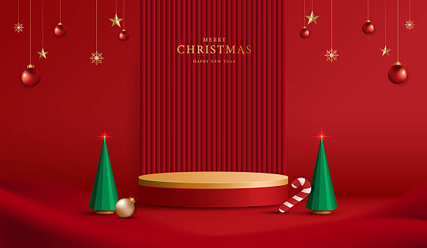 istock Podium stage for show product display for festive decoration christmas day or new years. stand product showcase on red background with lighting christmas or presentation. vector design. 2248193009