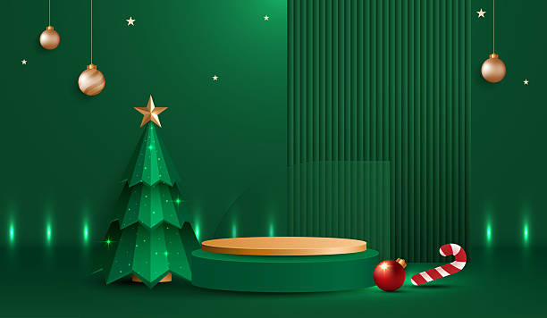 istock Podium stage for show product display for festive decoration christmas day or new years. stand product showcase on red background with lighting christmas or presentation. vector design. 2248193159