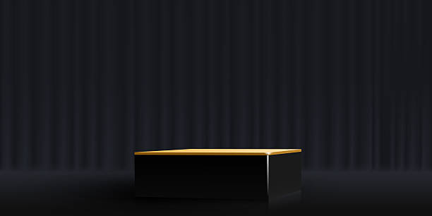 istock Elegant black and gold display stand on a dark curtain background. 2248193907