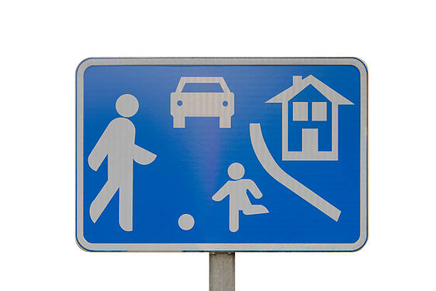 A blue sign residential area with a person walking, a car, a house, and a child playing with a ball isolated on white background