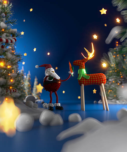 Playful Christmas scene: Santa offers a carrot to a checkered reindeer among fir trees and glowing stars, soft bokeh, vertical 3D render with copy space.
