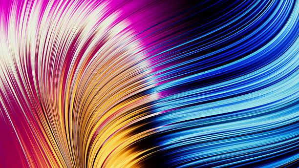 Twisting neon ribbon in gold, pink, and blue forms a glowing vortex. Gradient highlights accentuate flowing motion on a black background. 3D render illustration.