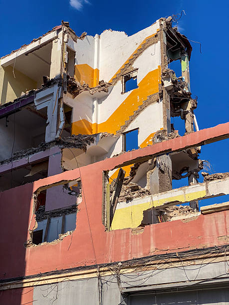 Low angle close-up view of an apartment building being demolished in the city of Valencia, Spain