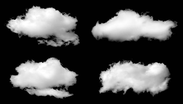 Set of white clouds or fog for design isolate isolated cloud shapes on black background, featuring soft white textures ideal for sky compositions, weather themes, digital overlays, visual effects,