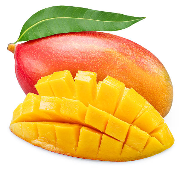 istock Ripe mango fruit and mango cut in hedgehog style on white background. File contains clipping paths. 2248216473