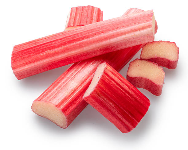 istock Cuts of red rhubarb stem on white background. File contains clipping path. 2248216579
