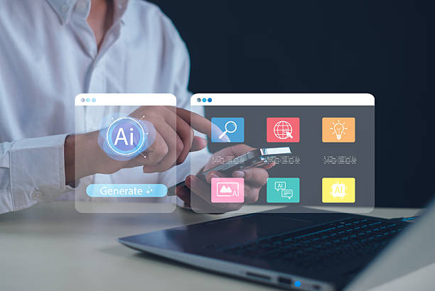 istock Person using laptop with virtual AI interface and digital technology icons. Concept of artificial intelligence, innovation, automation, and data analytics for modern smart business and workflow. 2248221329