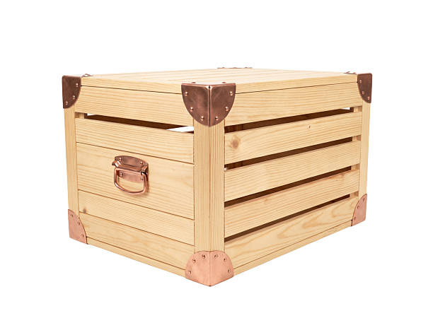 old big wooden box with lid isolated on white background