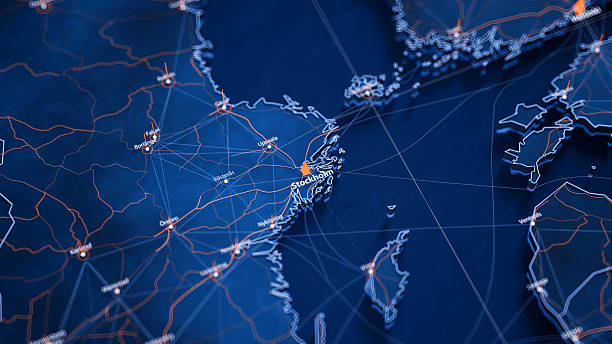 istock Stockholm map big data visualization. Futuristic map infographic of city in Sweden. Visual map data complexity in modern blue and orange colors 2248224361