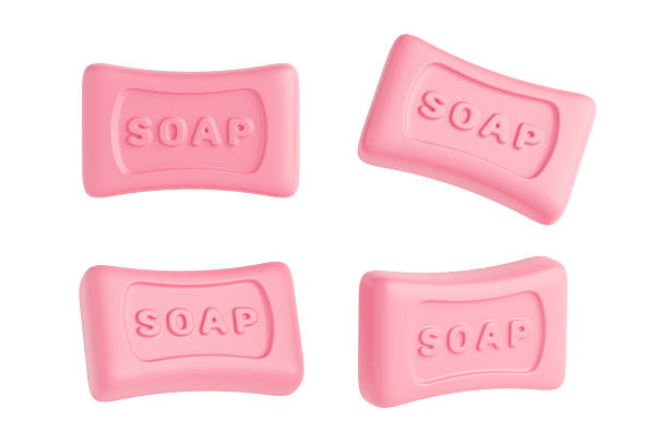 Cleanliness And Hygiene Concept. Pink Cartoon Soap Bars With Embossed Text On White Background. 3d Rendering