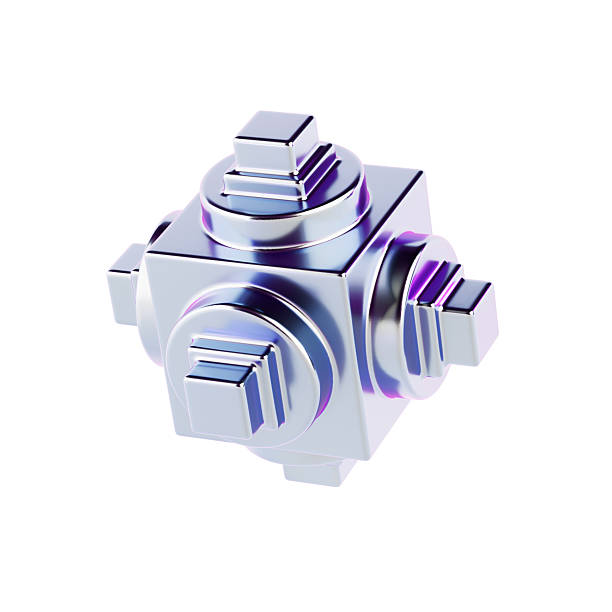 Abstract Futuristic Concept. Iridescent Metallic Cube With Geometric Extrusions On White Background. 3d Rendering