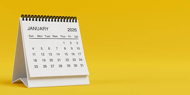 istock White Desk Monthly January 2026 Business Calendar. 3d Rendering 2248233209