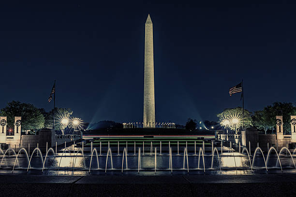 istock Washington Monument illuminated at night with fountains and flags. 2248239330