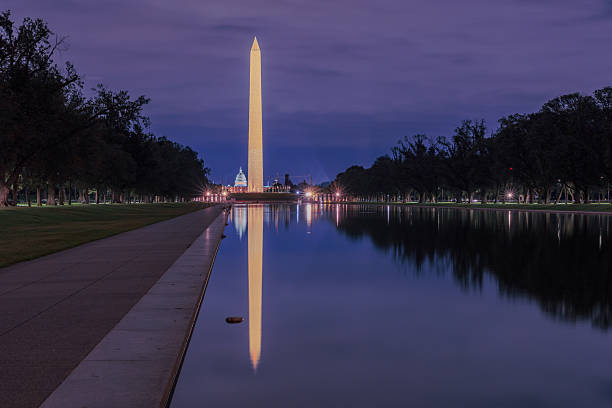 istock Washington Monument reflected in Lincoln Memorial pool at dusk. 2248239521