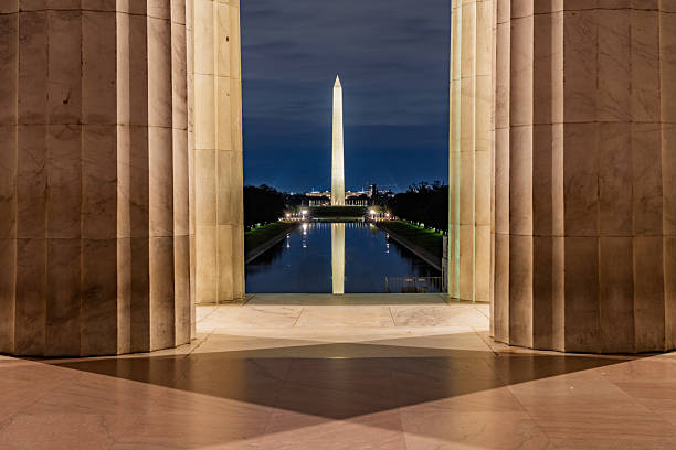 istock Washington Monument reflected in Lincoln Memorial pool at night. 2248239552