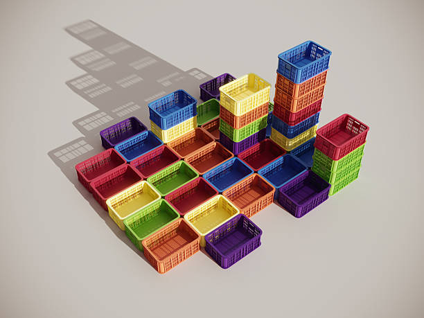 A vibrant collection of stacked and arranged plastic crates creates a playful geometric pattern with strong shadows. (3d render)